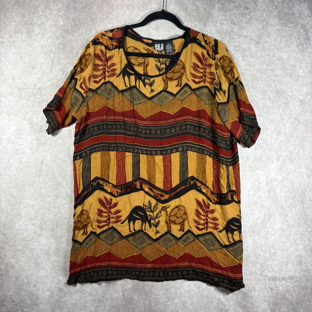 Bila Top Women L Multicolor Camel Print Boho Rayon Short Sleeve Casual Tribal